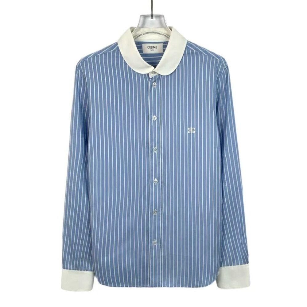 Celine Paris Blue & White Striped Button-Up Shirt With Contrast Collar & Cuffs